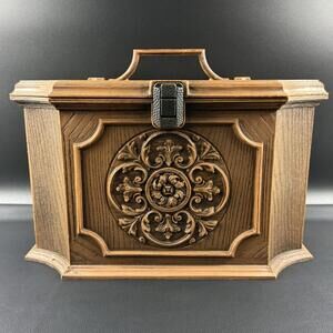 Vintage Max Klein Sewing/Storage Box Brown Plastic Faux Wood, No Insert SC2015